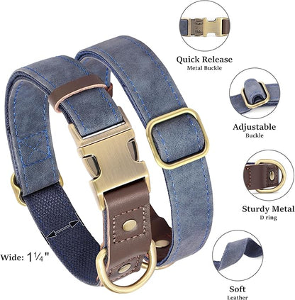 Didog Soft PU Leather Dog Collar for Large Dogs,Classic Adjustable Wide Dog Collars with Quick Release Metal Buckle,Easy Clean and Comfortable with Nylon Lining,Blue,XL Neck 20-27", Width 1¼"