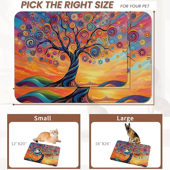 Abstract Tree Flowers Dog Food Mat for Floors,Color Absorbent Pet Food and Water Bowl Mats,Non-Slip Pet Feeding Mat,Pet Supplies 16" x 24"