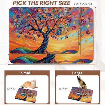 Abstract Tree Flowers Dog Food Mat for Floors,Color Absorbent Pet Food and Water Bowl Mats,Non-Slip Pet Feeding Mat,Pet Supplies 12" x 20"