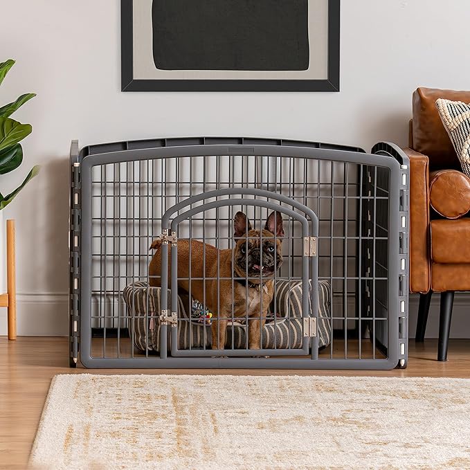 IRIS USA 24" Exercise 4-Panel Pet Playpen with Door, Dog Playpen, Puppy Playpen, Small and Medium Dogs, Keep Pets Secure, Easy Assemble, Rust-Free, Heavy-Duty Molded Plastic, Customizable, Gray
