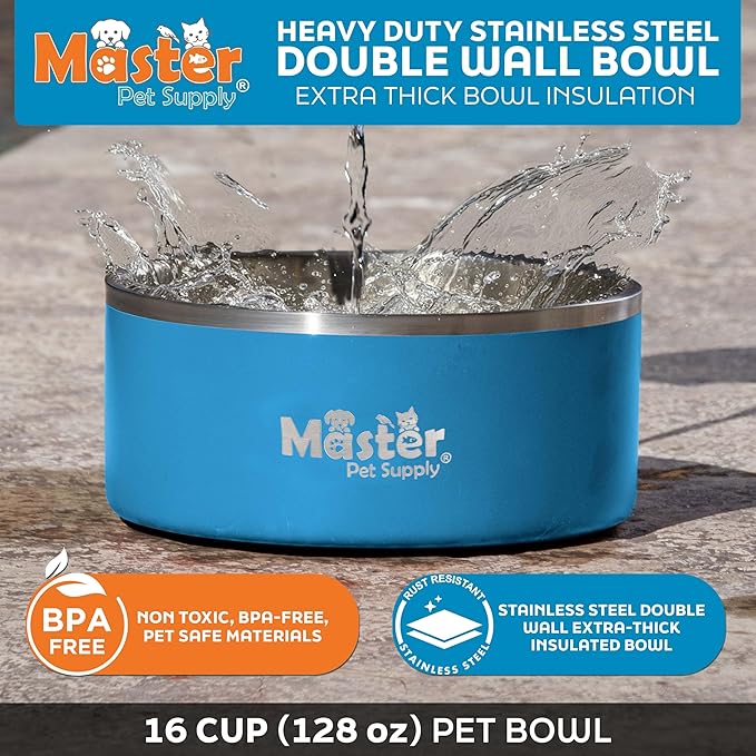 Master Pet Supply Stainless Steel Dog Bowls - 128 oz, Heavy Duty - True Blue, Double Wall Extra-Thick Insulated, Non-Slip Pet Water Bowl for Dogs, Cats & Pets, Anti Rust Metal, Dish Washer Safe