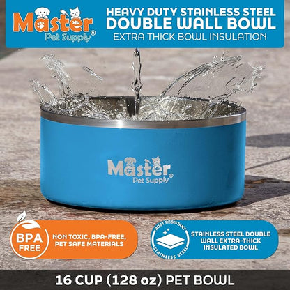 Master Pet Supply Stainless Steel Dog Bowls - 128 oz, Heavy Duty - True Blue, Double Wall Extra-Thick Insulated, Non-Slip Pet Water Bowl for Dogs, Cats & Pets, Anti Rust Metal, Dish Washer Safe