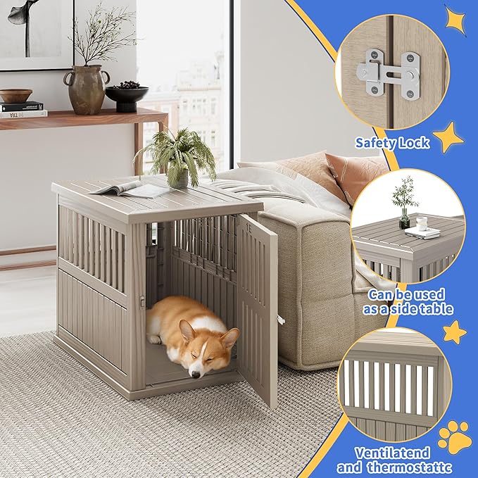 DRATO Dog House Resin Dog Crate Furniture Weatherproof Functional End Table for Indoor Living Spaces & Outdoor Patios(Light Brown, Medium Size(29.65 * 21.34 * 25.28))