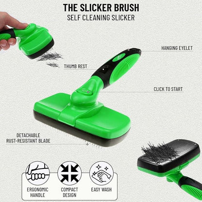 Complete Professional Pet Grooming Kit with Pet Hair Removal Tool brush Gloves, Self-Cleaning Slicker Brush, and Pro Grooming Dog Brush Deshedder Comb to Reduce Shedding (Green)