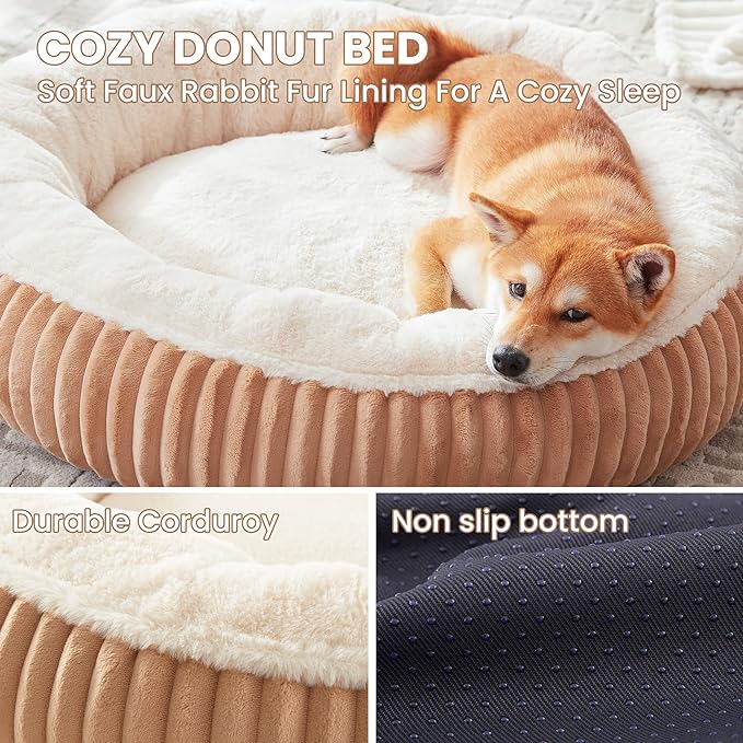 33 inches Donut Dog Bed for Medium Large Dogs,Calming Round Pet Bed with Removable Cover,Washable Milk Plush Faux Fur, Fits up to 50 lbs Pets(Mocha,M Plus)