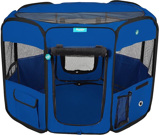 Deluxe Premium Pet Dog Playpen Portable Soft Dog Exercise Pen Kennel with Carry Bag for Dogs, Cats, Kittens, and All Pets (Medium, Blue)