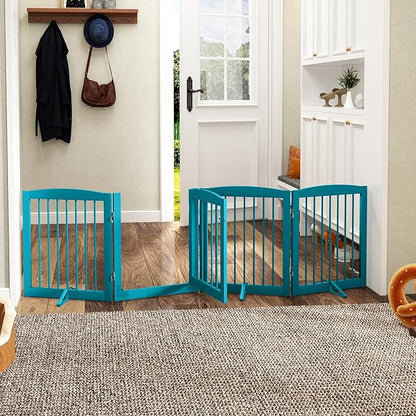 PUPETPO Freestanding Dog Gate with Door, Pet Gate for Stairs, 80 inch Wide Pet Barrier Indoor, Dog Fences Indoor, Support Feet Included, 4 Panels, 24" Tall, Blue