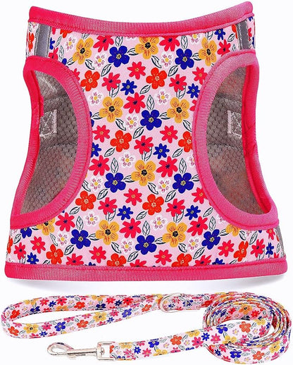 Moonpet Step in Dog Harness Leash Set- All Weather Reflective No-Pull Floral Pattern Padded Mesh Vest Harness for Cats Puppy Extra-Small Small Medium Large Dogs - Romantic Sakura - XS