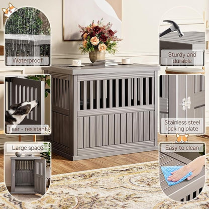 Fancyango 40-Inch Heavy Duty Dog Crate Furniture Lockable Indoor Outdoor Kennel & End Table for Small/Large Dogs Decorative Plastic Pet Cage in Grey