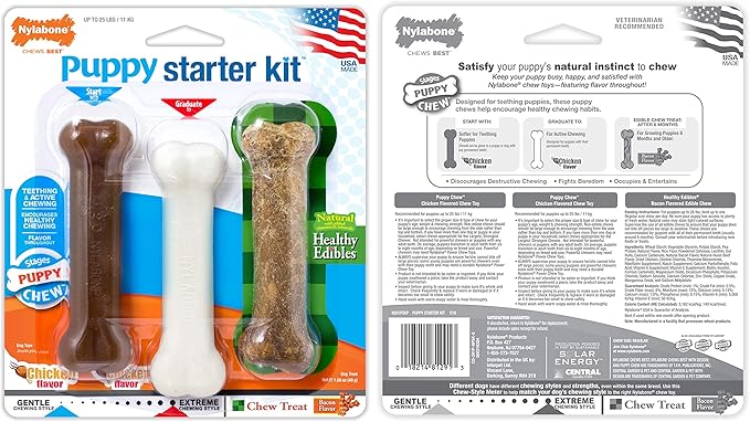 Nylabone New Puppy Starter Kit, 5 Chew Toys and 1 Natural Treat for Puppies, Multi Color, Bacon & Chicken Flavor, Small Dogs - Up to 25 lbs., 6 Pack