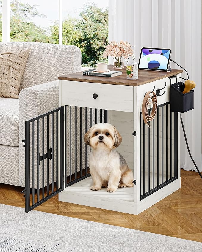 Hzuaneri 24.6'' Dog Crate Furniture with Charging Station, Dog Kennel Indoor with Flip-Top Storage, Wooden Pet Cage Dog House End Side Table for Small Dogs Anti-Chew Anti-Escape, White Brown DFC90114B