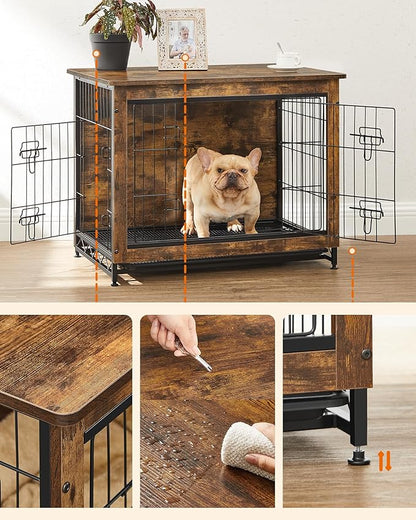 Feandrea 32.5" Dog Crate Furniture, Indoor Dog Cage Side End Table, L Pet Wood Kennel for Large and Medium Dogs up to 45 lb with Multi-Purpose Removable Tray, Double-Door Pet House, Rustic Brown