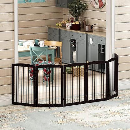 PUPETPO Freestanding Pet Gate for Dogs, Indoor Wooden Foldable Dog Gate for House, Extra Wide, Pet Fence for Stairs, Doorways, Halls, Support Feet Included, 120 Inch Wide, 6 Panels 32",Brown