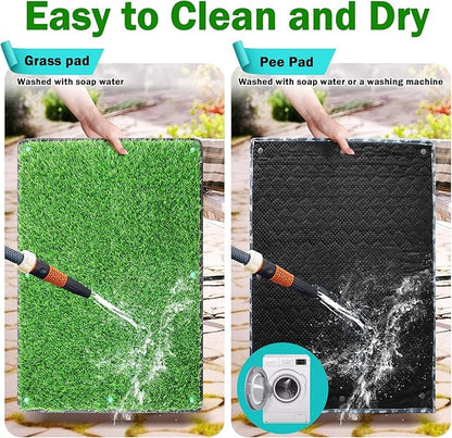 Dog Grass Mat with Pee Pad 32×23", Medium Dog Litter Box Indoor Artificial Turf Grass Porch Waterproof Patio Potty Tray for Doggie Reusable Washable Pads and Lawn for Replacement for Puppy Training