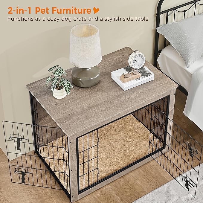 Yaheetech 38'' Dog Crate Furniture with Cushion Wooden Dog Crate with Double Doors/Adjustable Feet Side End Table for Medium/Large Dogs, 37.80" L x 25.59" W x 26.57" H