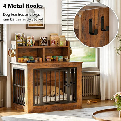 IRONCK Dog Crate Furniture, 33.4 inches Wooden Small Dog Crate with Storage and 4 Hooks, Heavy Duty Pet Crate for Small Dog, Decorative Pet Cage for Indoor (19.3" L x 33.4" W x 37.4" H)