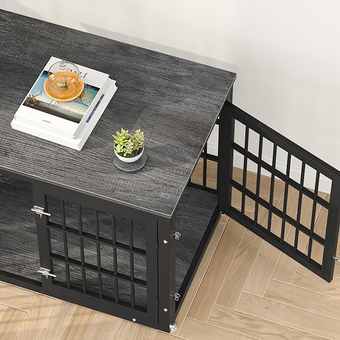 rehomerance 32 Inch Heavy Duty Dog Crate Furniture for Medium and Small Dogs, Decorative Pet House End Table, Wooden Cage Kennel Furniture Indoor, Gray