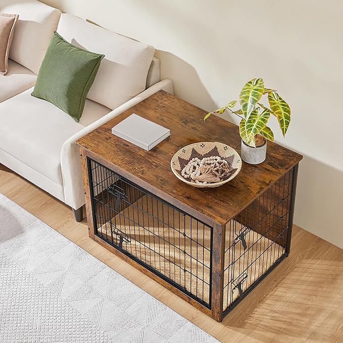 Yaheetech 40'' Dog Crate Furniture with Cushion Wooden Dog Crate with Double Doors/Adjustable Feet Side End Table for Small/Medium Dogs