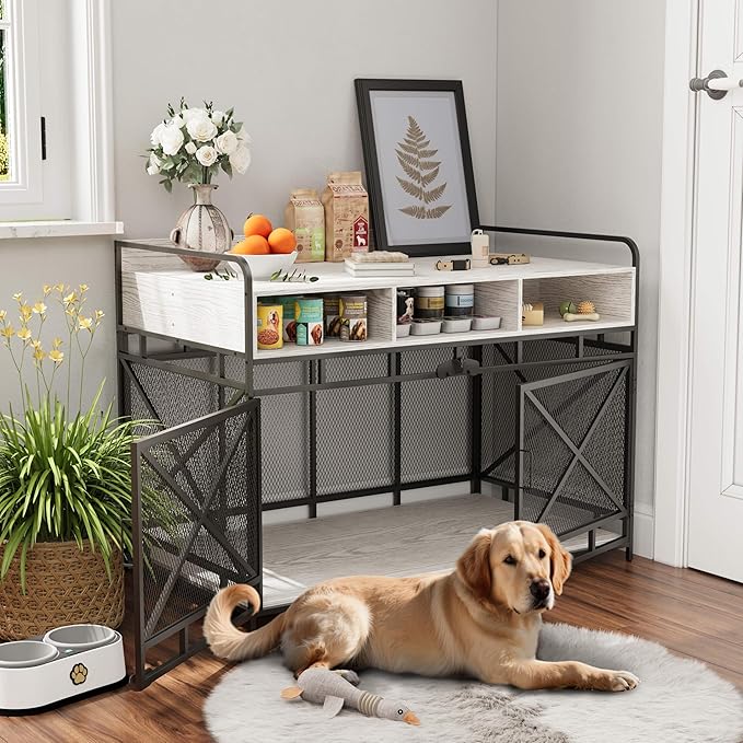 Fulhope Dog Crate Furniture, 48" Heavy Duty Wooden Dog Crate End Table, XL Dog Kennel Furniture Large Breed, Decorative Dog Kennel Indoor with 3 Drawers & Steel Tubes 48" L x28 W x36 H (White)