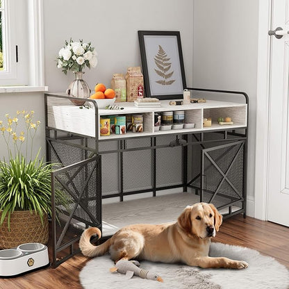 Fulhope Dog Crate Furniture, 48" Heavy Duty Wooden Dog Crate End Table, XL Dog Kennel Furniture Large Breed, Decorative Dog Kennel Indoor with 3 Drawers & Steel Tubes 48" L x28 W x36 H (White)