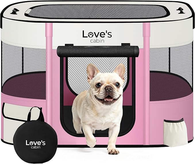 Love's cabin Pet Puppy Dog Playpen, Small Dog Tent Crates Cage Indoor/Outdoor, Portable Exercise Playpen for Cat, Foldable Pop Up Dog Kennel Playpen with Carring Case (S, Light Pink)