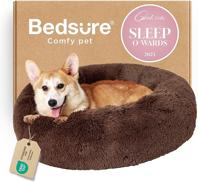 Bedsure Calming Dog Bed for Medium Dogs - Donut Washable Medium Pet Bed, 30 inches Anti-Slip Round Fluffy Plush Faux Fur Cat Bed, Fits up to 45 lbs Pets, Coffee