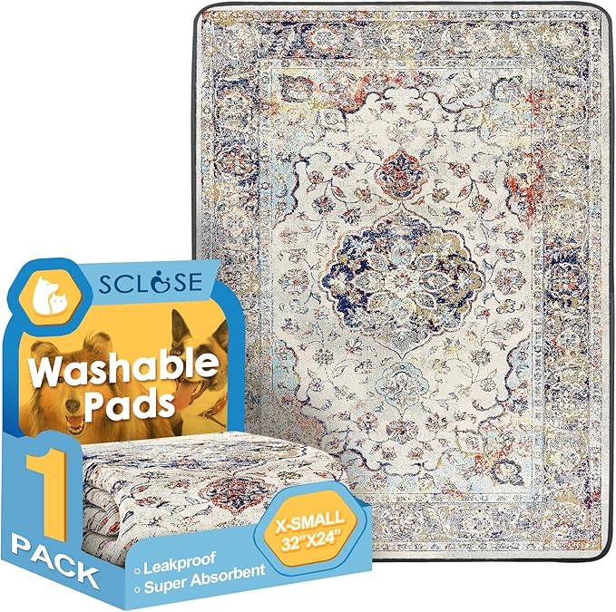 SCLOSE Washable Pee Pad for Dogs, 32" x 24" Reusable Puppy Pads Waterproof Dog Rugs, Super Absorbent, Leakproof, Dog Crate Pad, Playpen Mat, Whelping Pads, Vintage Medallion