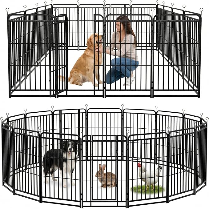 Dog Playpen Outdoor 16 Panels 47'' Rustproof Metal Dog Fence with Gate Small Medium Portable Large Dog Play Pen 36FT 141 Sq.ft for RV Camping, Trips, Play Yard