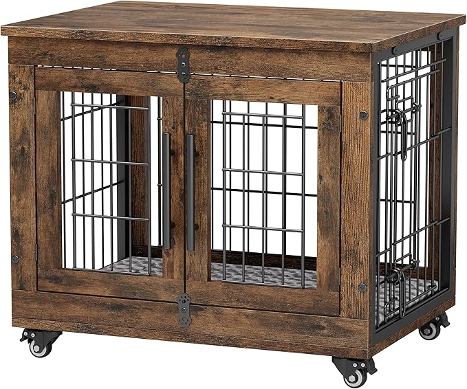 YaFiti Dog Crate Furniture with Cushion, Wooden Dog Kennel Indoor with Double Doors, Dog Cage with Wheels, Dog House Side End Table for Small Dogs up to 30 lb, 27.2" L, Rustic Brown