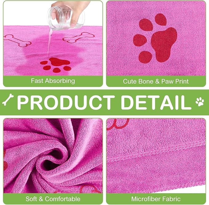Chumia 8 Pcs Dog Towels for Drying Dogs Cats Pet Towels Bulk Puppy Microfiber Fast Drying Paw Bath Bathing Supplies Absorbent for Medium Pets(40 x 24 Inch,Dog Paw and Bone,Hot Pink,Green)