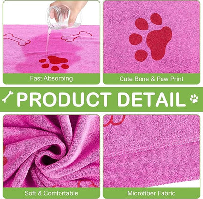 Chumia 8 Pcs Dog Towels for Drying Dogs Cats Pet Towels Bulk Puppy Microfiber Fast Drying Paw Bath Bathing Supplies Absorbent for Medium Pets(40 x 24 Inch,Dog Paw and Bone,Hot Pink,Green)