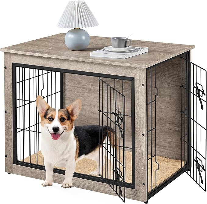 Yaheetech 32'' Dog Crate Furniture, Side End Table w/Cushion, Double Doors, Adjustable Feet, Wooden Kennel Cage for Small/Medium Dogs, Indoor Outdoor