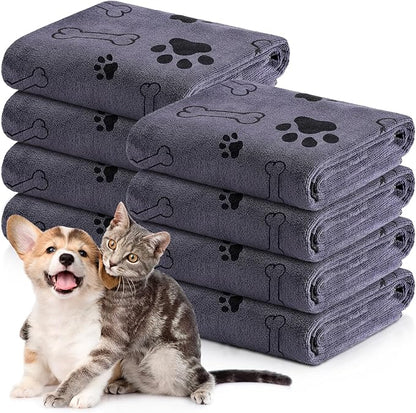 Chumia 8 Pcs Dog Towels for Drying Dogs Cats Pet Towels Bulk Puppy Microfiber Fast Drying Paw Bath Bathing Supplies Absorbent for Medium Pets(18 x 28 Inch,Dog Paw and Bone,Gray)