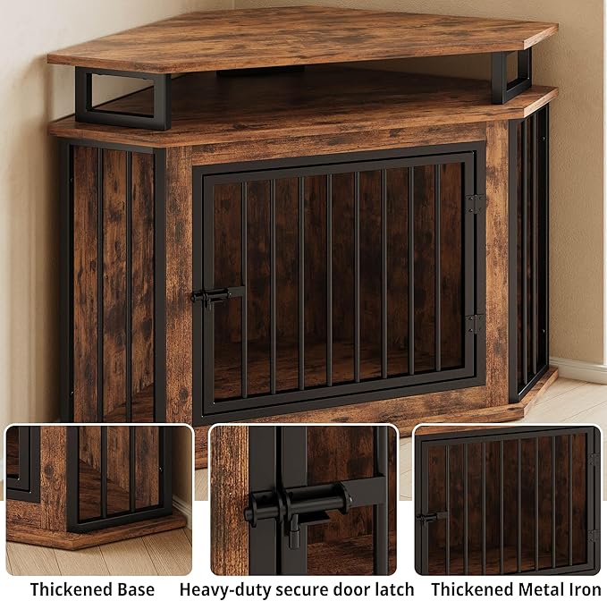 IRONCK 44" Corner Dog Crate with 2-Tier Shelves, Wooden Dog Kennel Furniture, Dog Kennel Indoor Furniture for Small and Medium Dogs, Rustic Brown (23.6" L x 43.3" W x 32.3" H)