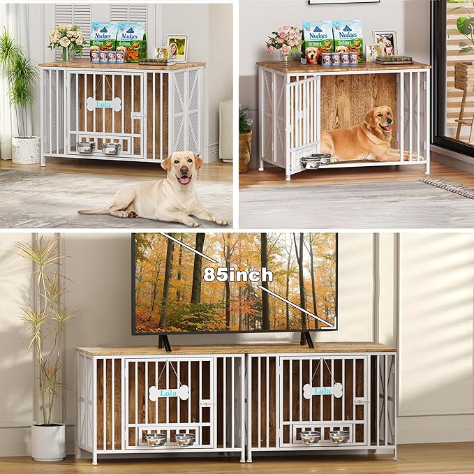 Easycom Foldable Large Dog Crate Furniture, 41.3" Assembly-Free Dog Crates for Large Dogs, Decorative Wooden Dog Kennel Indoor with Tag & Dog Bowls, Dog Cage Use as TV Stand, White & Beech