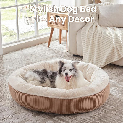 45 inches Donut Dog Bed for Extra Large Dogs,Calming Round Pet Bed with Removable & Washable Cover, Plush Faux Fur & Corduroy, Fits up to 100 lbs Pets(Brown,XL)