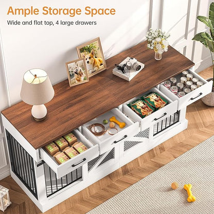 OtterOasis Extra Large Dog Crate Furniture for 2 Dogs, 71'' Dog Kennel Indoor with Removable Divider and 4 Storage Drawers, Sturdy Wooden Dog Crate TV Stand with 4 Doors for Large Medium Small Dogs