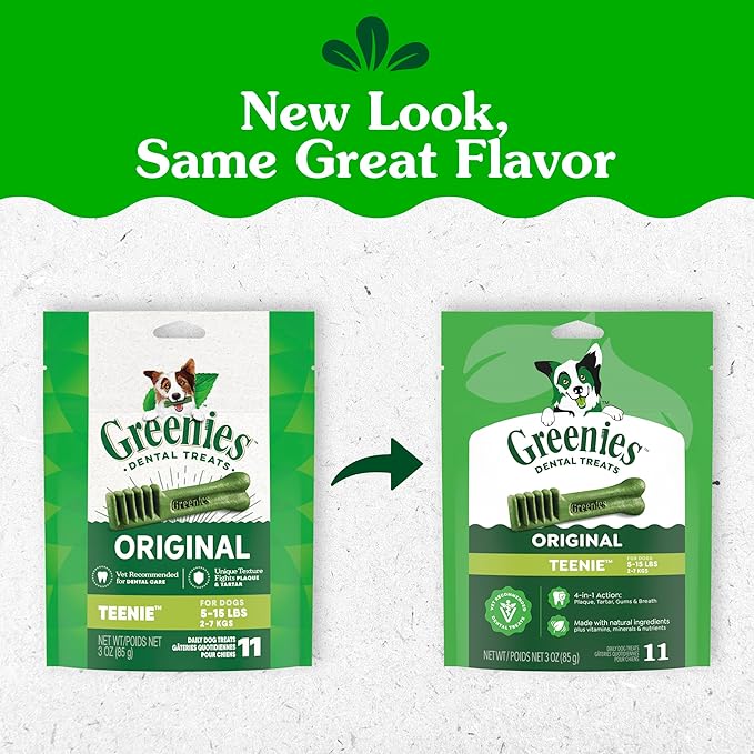 Greenies Veterinarian-Recommended Adult Natural Dental Dog Treats Teenie Size, Dog Dental Chews, Original Flavor, 3 oz. Pack, 11 Count