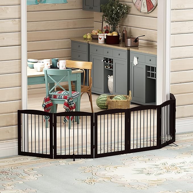 PUPETPO Freestanding Pet Gate for Dogs, Foldable Wooden Dog Gate for House, Extra Wide Indoor Pet Barrier for Stair, Doorway, Hall, Support Feet Included, 120 Inch Wide, 6 Panels 24", Brown