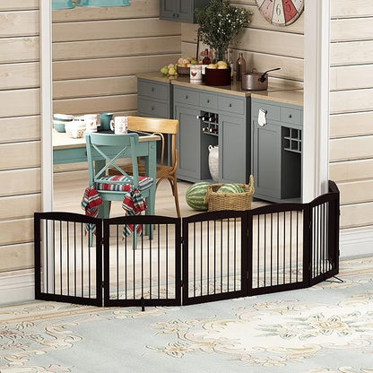 PUPETPO Freestanding Pet Gate for Dogs, Foldable Wooden Dog Gate for House, Extra Wide Indoor Pet Barrier for Stair, Doorway, Hall, Support Feet Included, 120 Inch Wide, 6 Panels 24", Brown