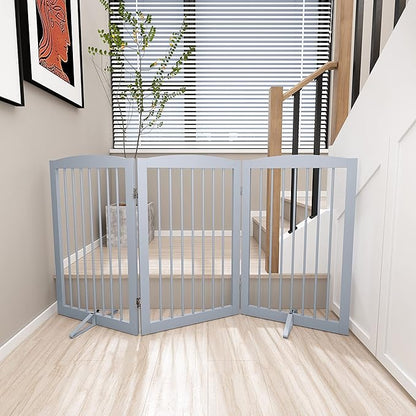 PUPETPO Freestanding Pet Gate for Dogs, Foldable Wooden Dog Gate for House Indoor, Tall Pet Fence for Stair, Doorway,Hall, Support Feet Included, 3 Panels 32",Grey