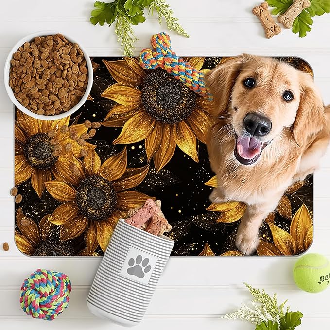 Sunflower Vintage Pet Feeding Mat,Absorbent Quick-Dry Cat Dog Food and Water Bowl Mats, Non-Slip Rubber Backing Mat,Cat Dog Accessories Supplies 12"x20"