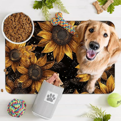 Sunflower Vintage Pet Feeding Mat,Absorbent Quick-Dry Cat Dog Food and Water Bowl Mats, Non-Slip Rubber Backing Mat,Cat Dog Accessories Supplies 12"x20"