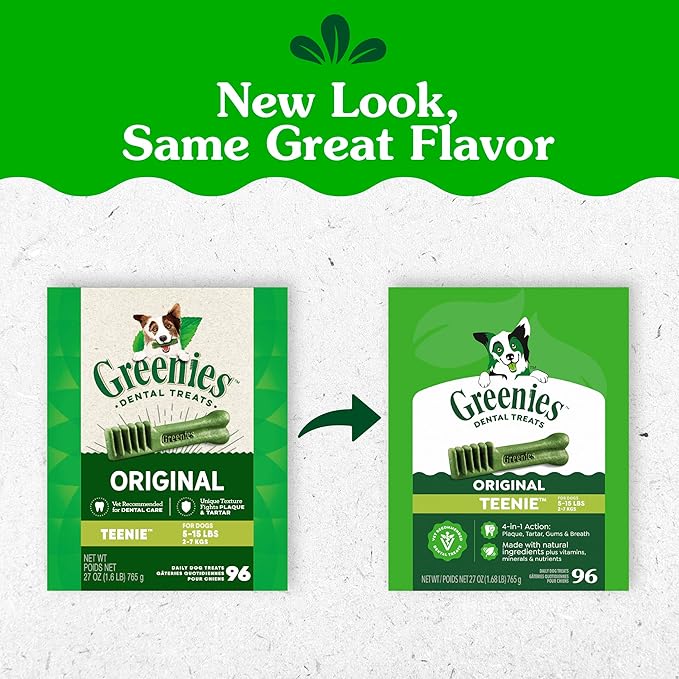 Greenies Veterinarian-Recommended Adult Natural Dental Dog Treats Teenie Size, Dog Dental Chews, Original Flavor, 27 oz. Pack, 96 Count