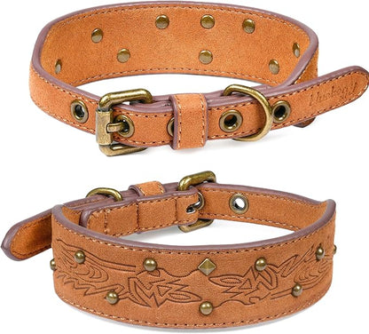 Blueberry Pet Premium Embossed Silver-Powered Freshness Microfiber Suede Leather Dog Collar in Saddle Brown