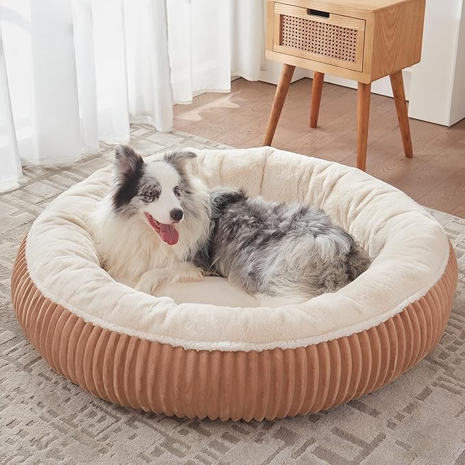 45 inches Donut Dog Bed for Extra Large Dogs,Calming Round Jumbo Pet Bed with Removable Cover, Washable Milk Plush Faux Fur, Fits Pets up to 100 lbs(Mocha,XL)