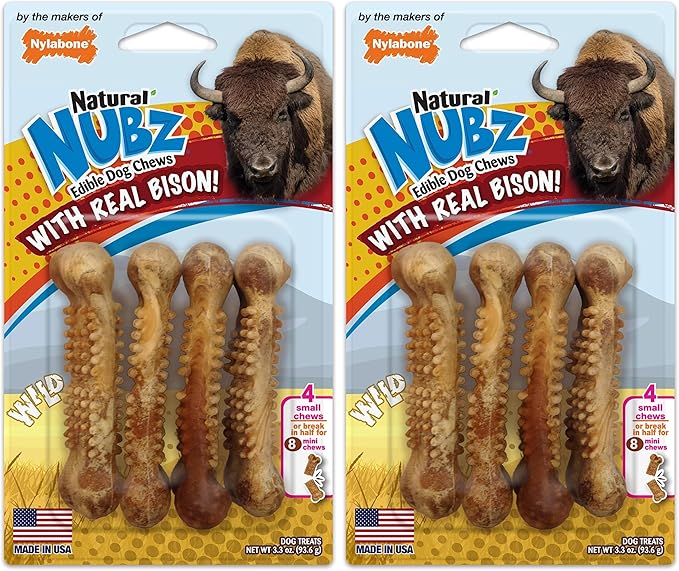 Nylabone Nubz Wild Natural Edible Chew Treats for Dogs, Made in USA, Bison Flavor, Small - Up to 25 lbs. (4 Count) (Pack of 2)