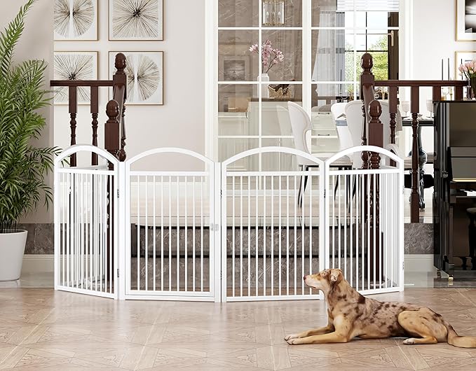 Folding No-Assembly Freestanding Dog Gate with Door,32" Heights Foldable Pet Fence,144" Extra Wide Accordion Puppy Folding Playpen for Doorways,House,Stairs (6 Panels,White)