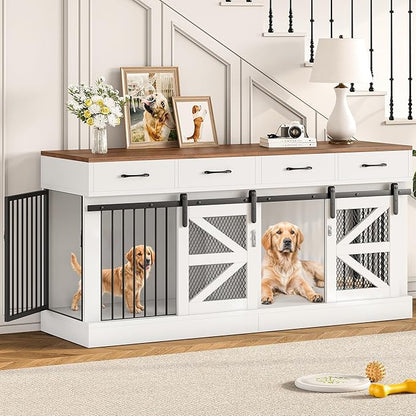 OtterOasis Extra Large Dog Crate Furniture for 2 Dogs, 71'' Dog Kennel Indoor with Removable Divider and 4 Storage Drawers, Sturdy Wooden Dog Crate TV Stand with 4 Doors for Large Medium Small Dogs