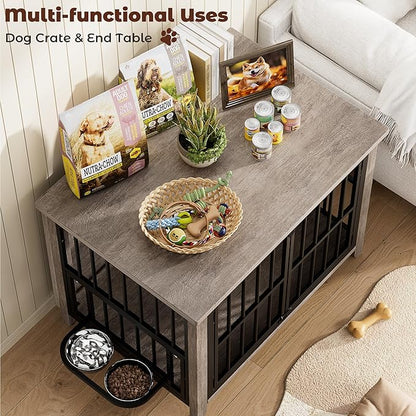 Lulive Dog Crate Furniture, Wooden Dog Kennel Indoor with Adjustable 360°& Height Dog Bowls, Double Doors Furniture Dog Crates End Table for Small/Medium 31.5" L*22.5" W*25.6" H, Grey